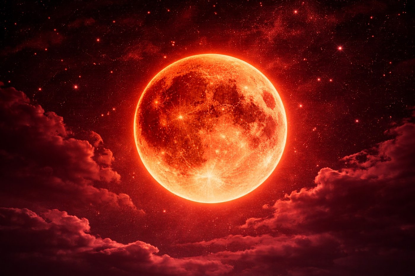 Blood Moon during a total lunar eclipse — copper-red Moon in a dark night sky