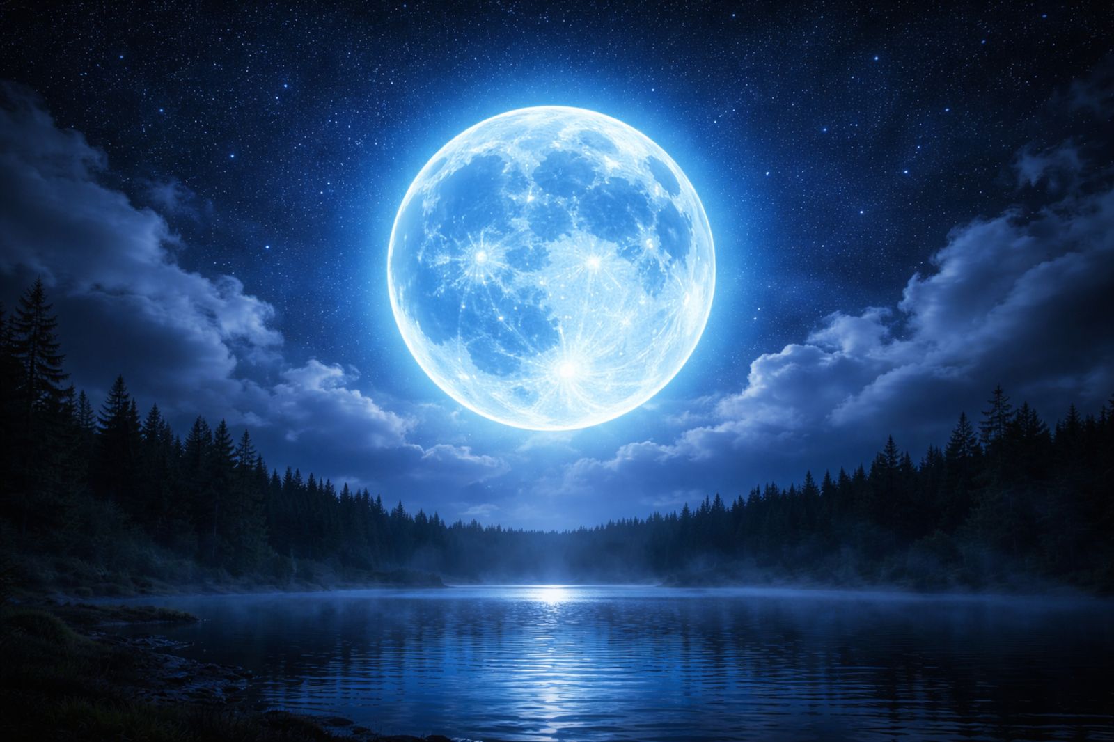 Blue Moon in a dark night sky — rare Full Moon symbolism and reflection