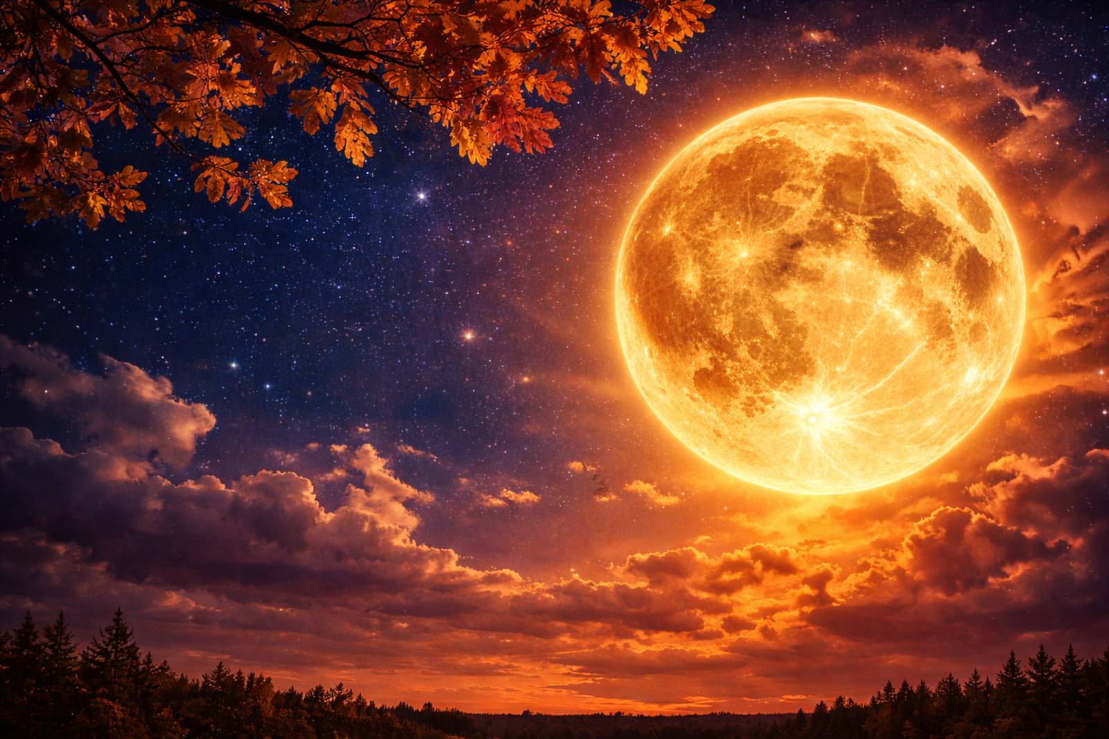Harvest Moon glowing in the autumn night sky — Full Moon symbolism of abundance and gratitude
