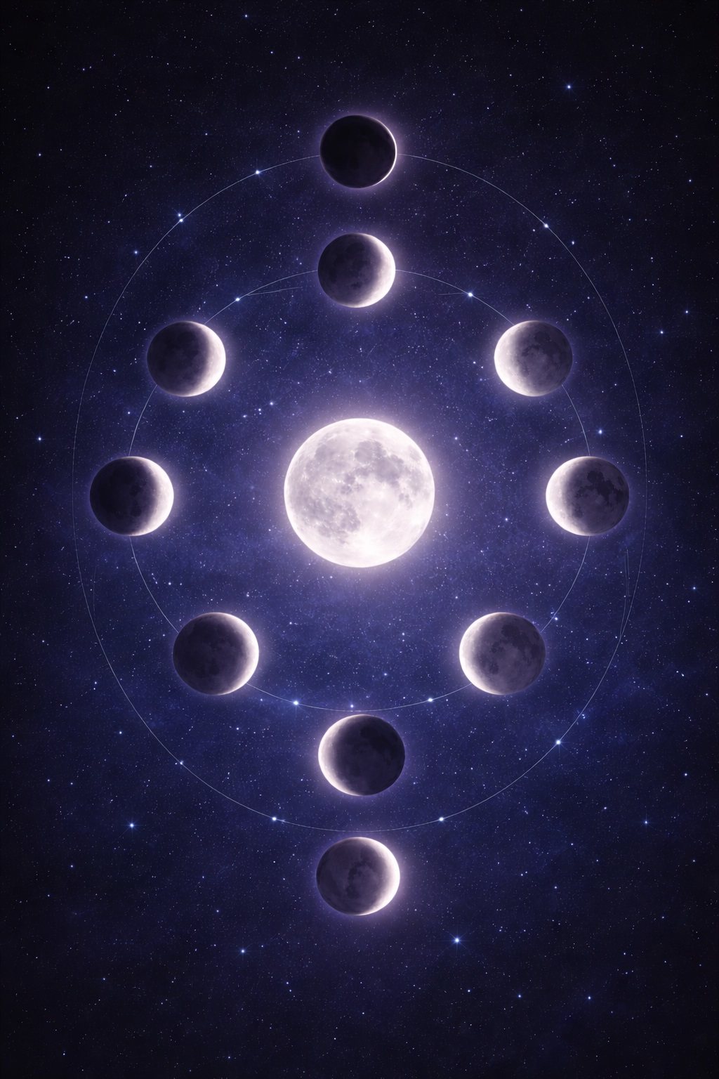 Moon phases wheel: new moon to full moon and back