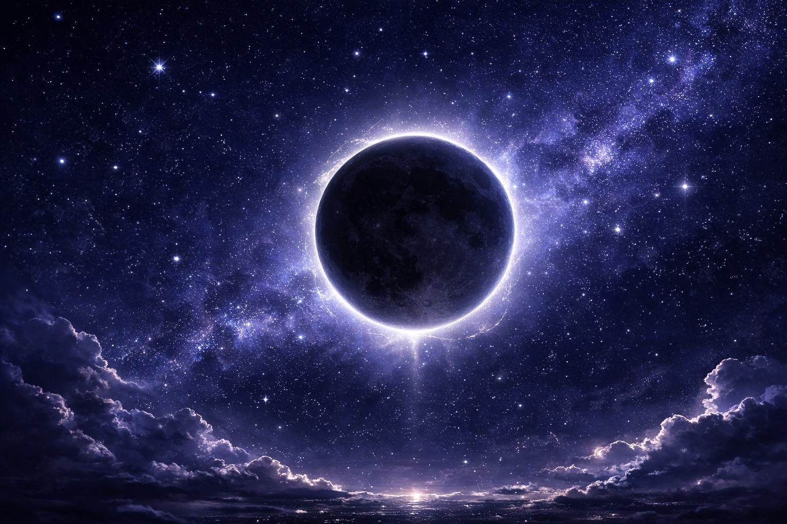 New Moon in a starry night sky — dark Moon disc with a soft halo glow