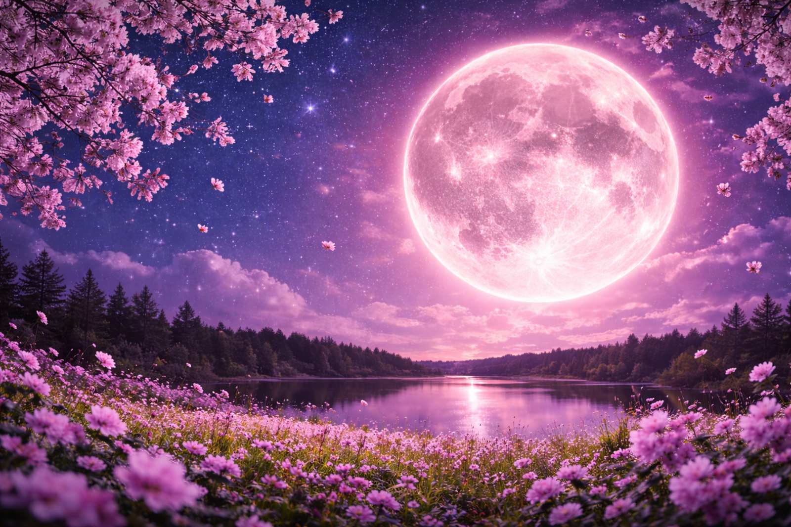 Pink Moon glowing in a spring night sky — Full Moon symbolism of renewal and emotional opening