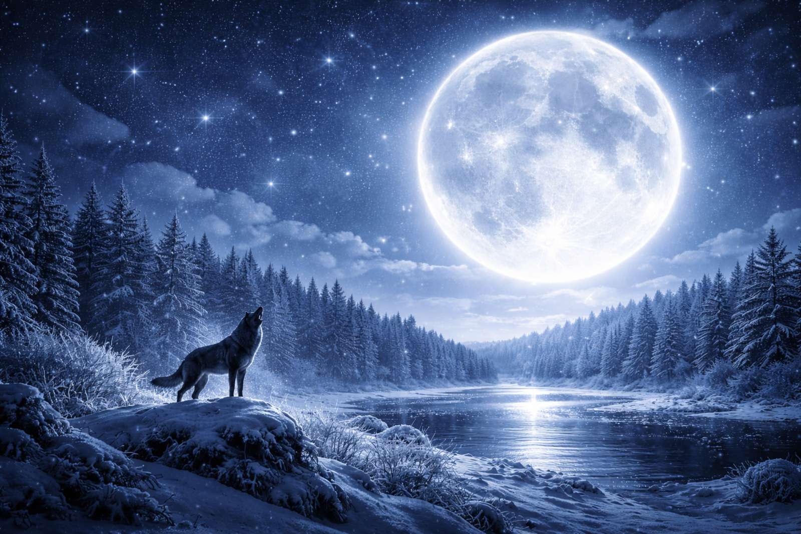 Wolf Moon glowing in a deep winter night sky — January Full Moon symbolism of instinct and resilience