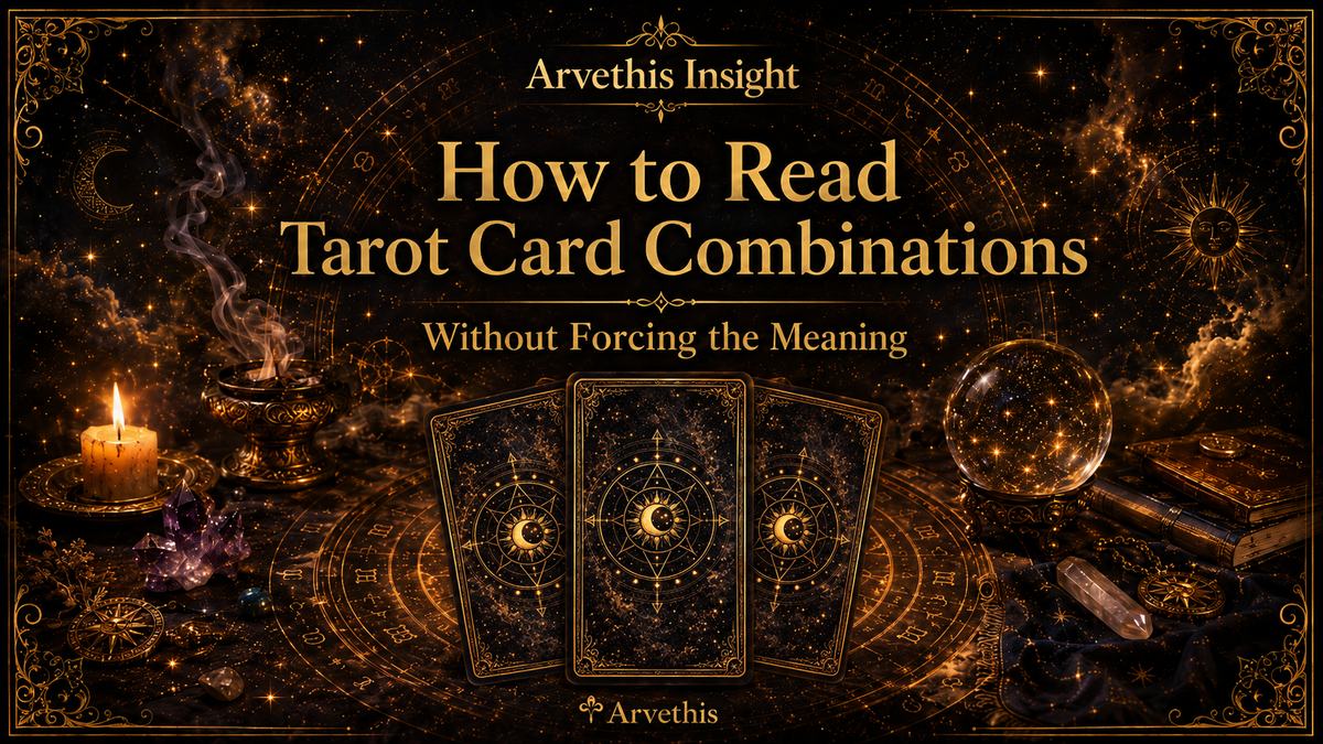 Tarot cards arranged together on a calm table, symbolizing how card combinations create layered meaning