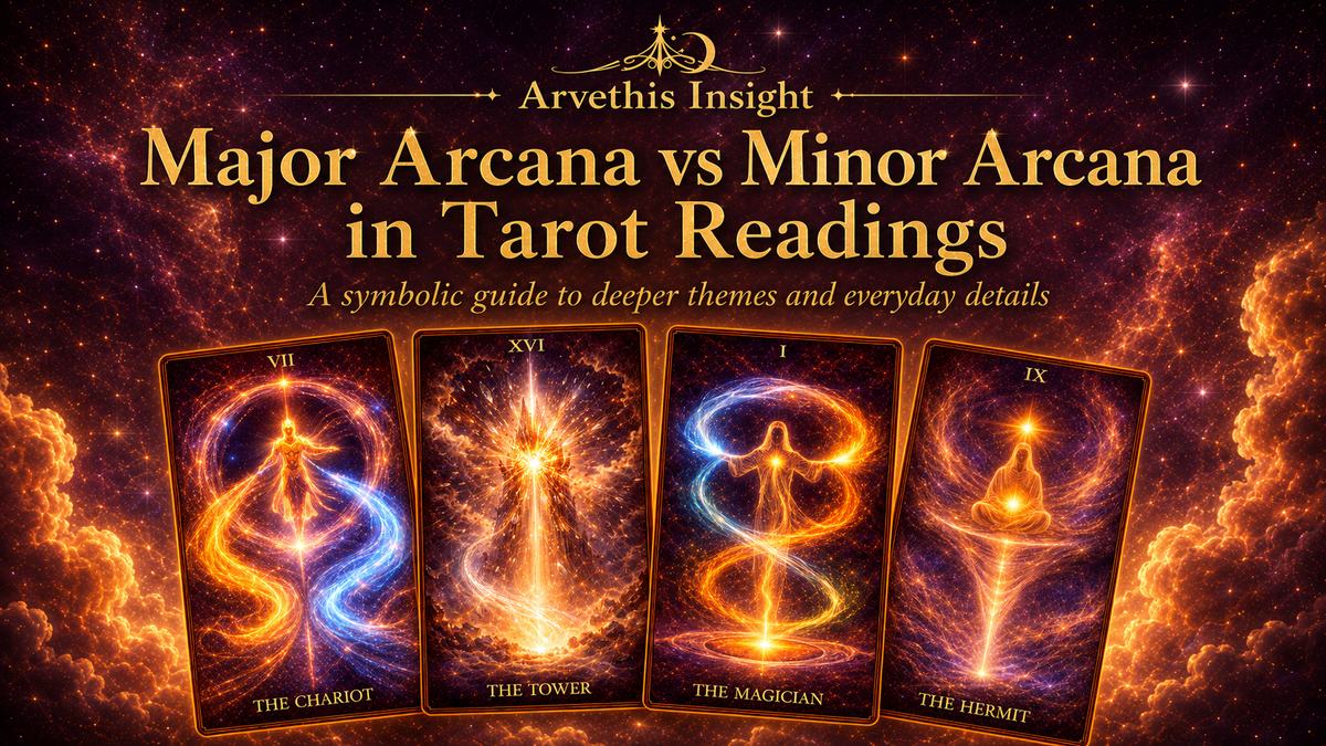 Major and Minor Arcana tarot cards arranged together in a golden celestial reading scene