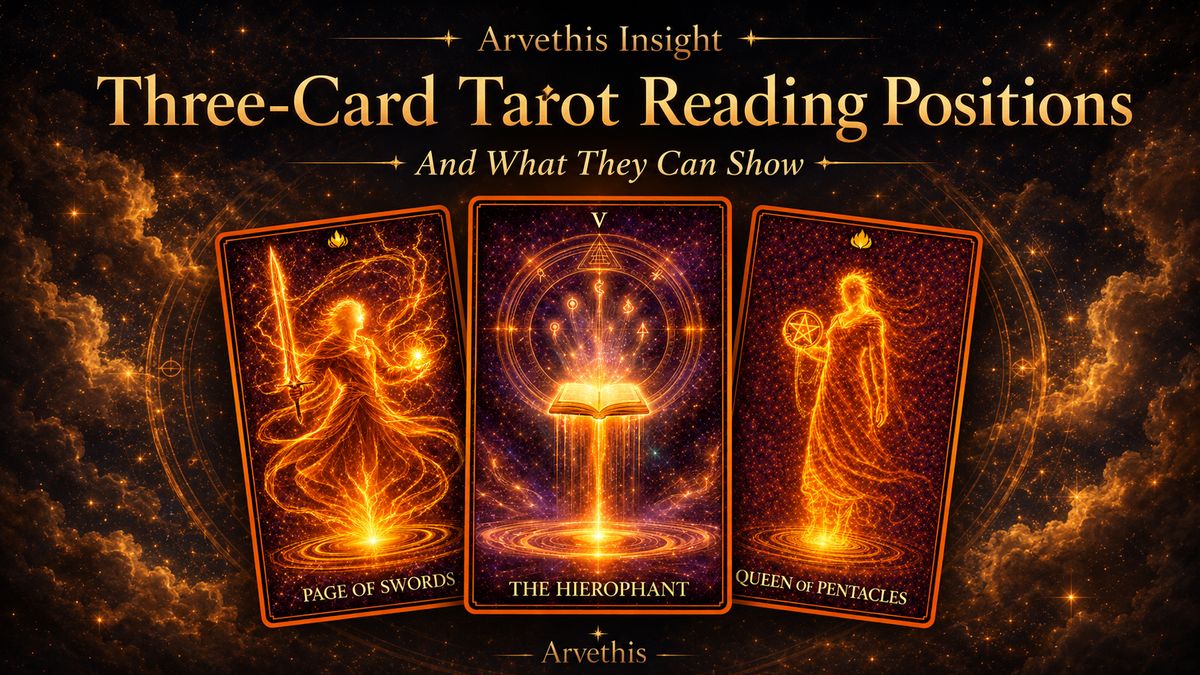 Three tarot cards arranged in a golden celestial spread, symbolizing position-based tarot reading
